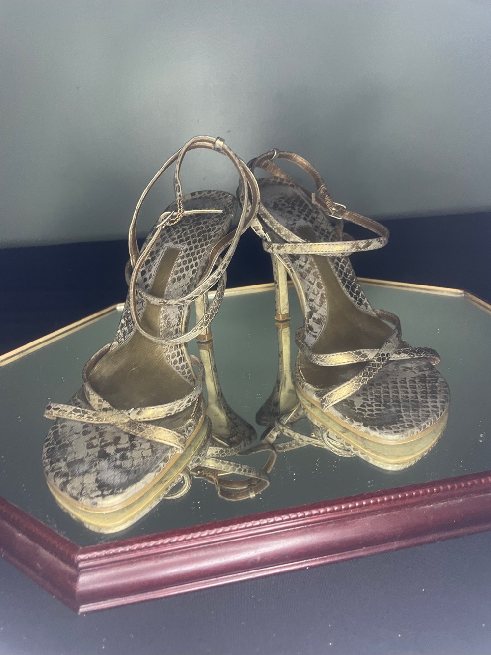 Bakers Metallic Gold Snake-Print Strappy High Heels